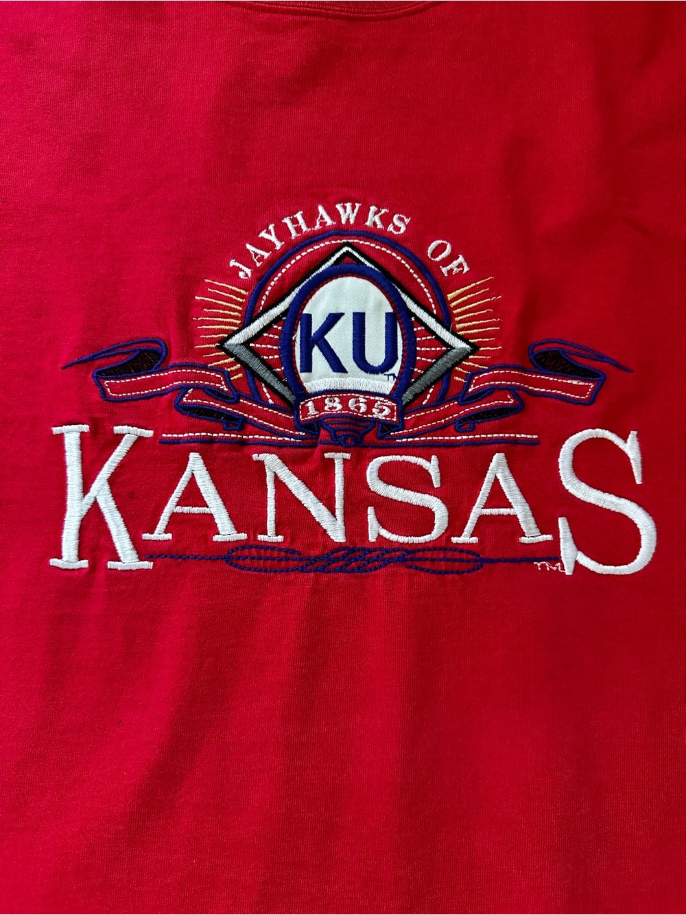 Vintage Kansas Jayhawks KU Embroidered Red Tee sz L